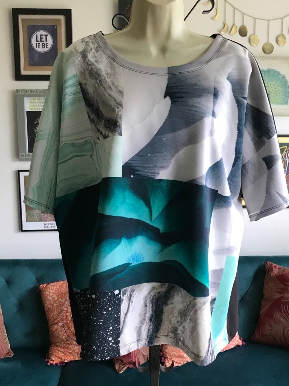 ALFANI size XL / 1X Green Gray & Black Print Dolman Sleeve Oversize Top